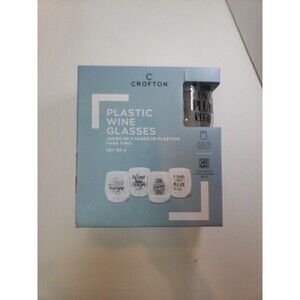 BNWT CROFTON 4-PACK PLASTIC STEMLESS WINE GLASSES 14OZ. FUNNY PHRASES